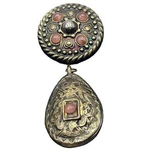 CHARLIE LAURE PARIS Vintage 4” Brass Articulated Dangle Repousse Orange Brooch‎